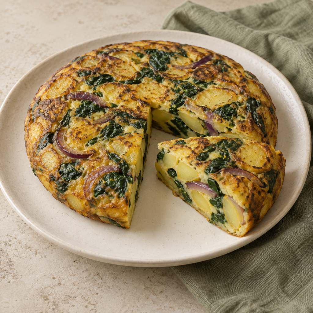 Bramborová tortilla se špenátem a červenou cibulí
